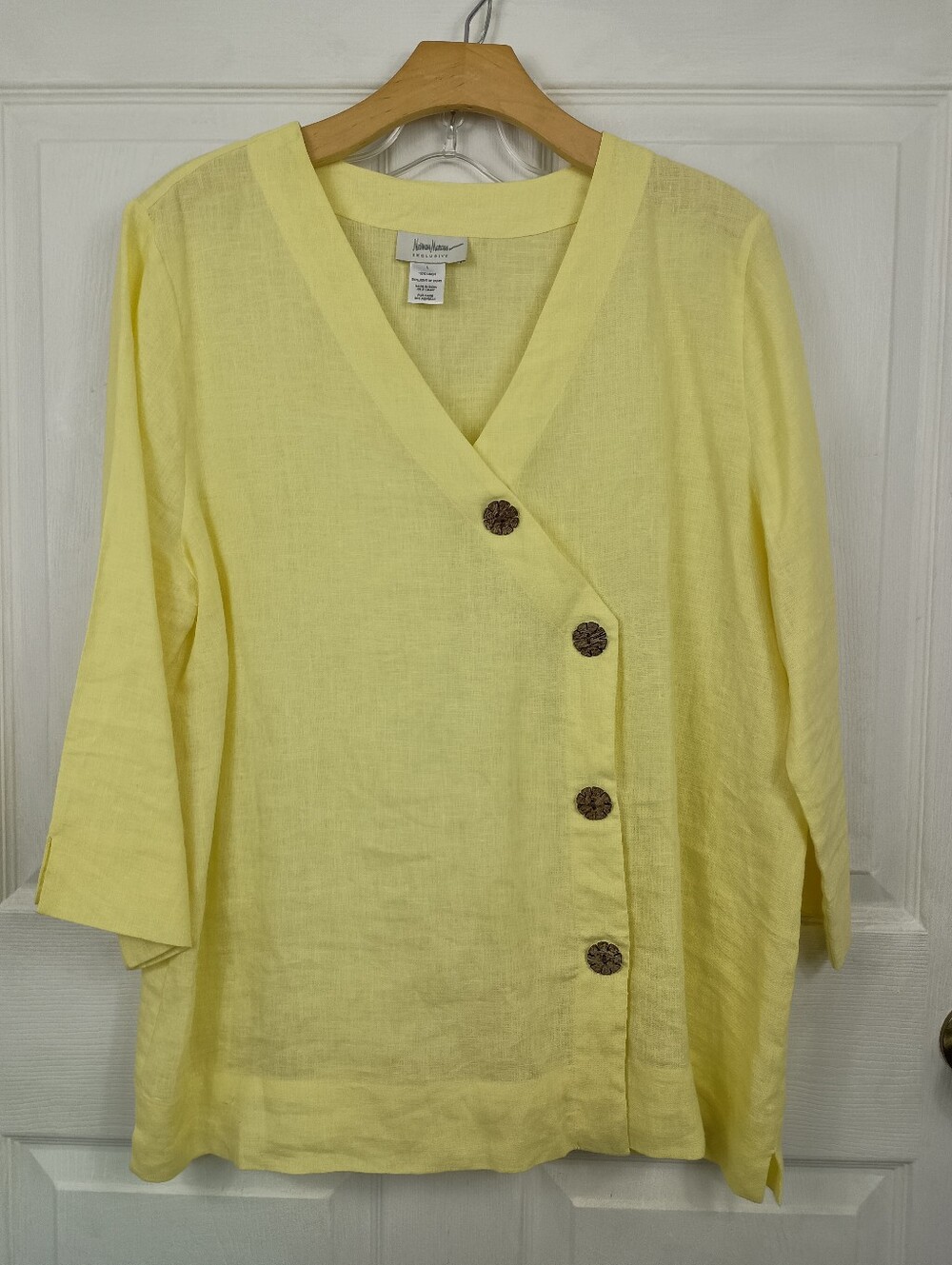 Neiman Marcus Linen Wrap Blouse Large Yellow Carved Coconut Button Asymmetric